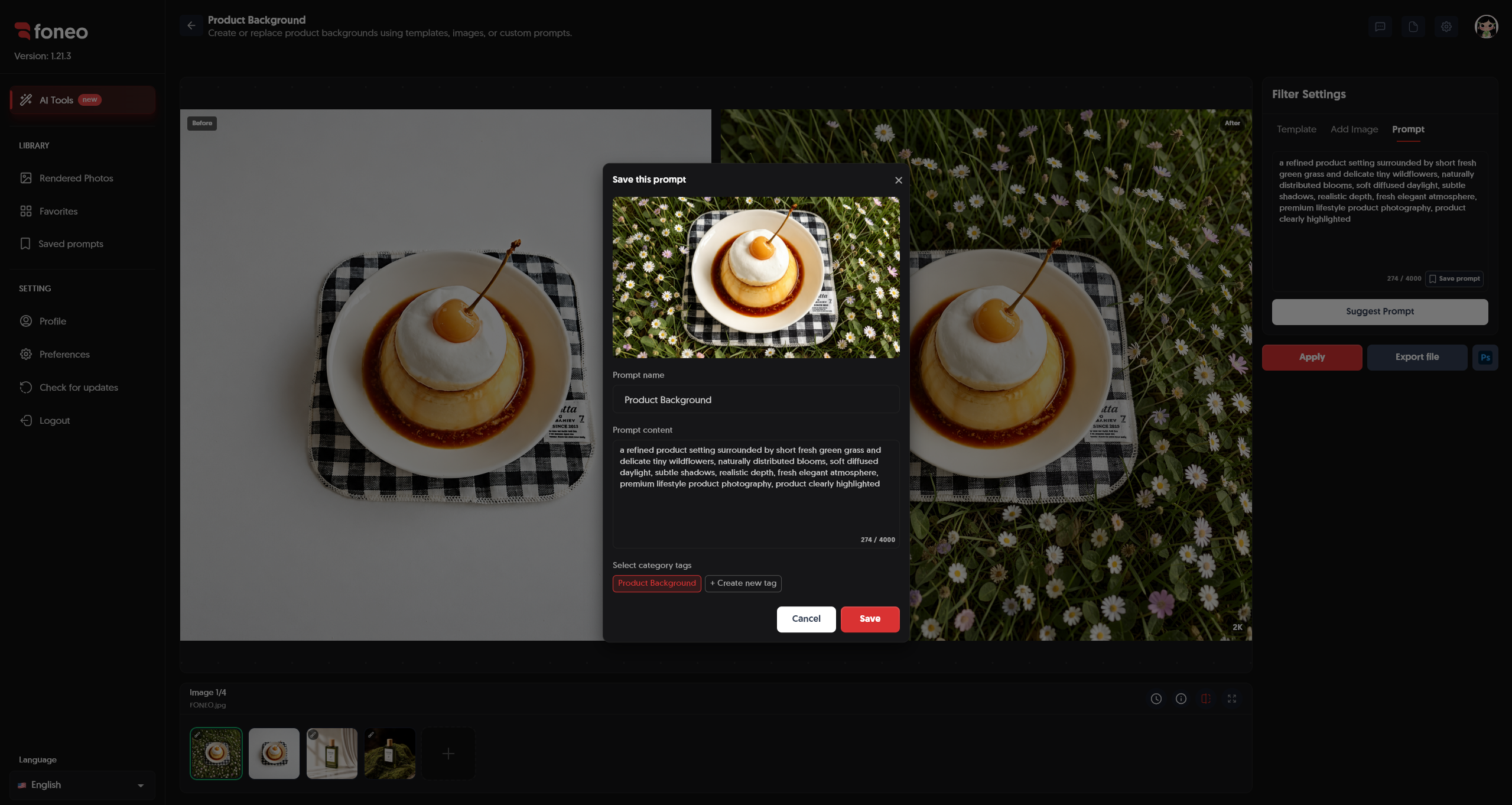 Save a Prompt for creating a product background on Foneo