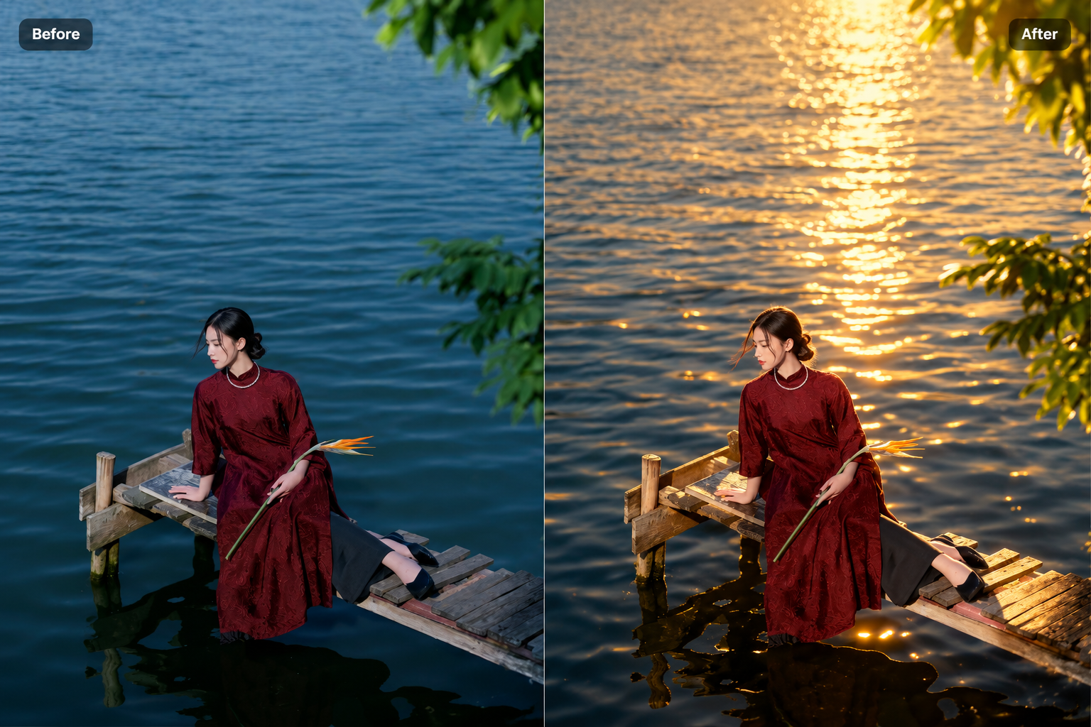 Before and after applying AI Lighting Effects on Foneo